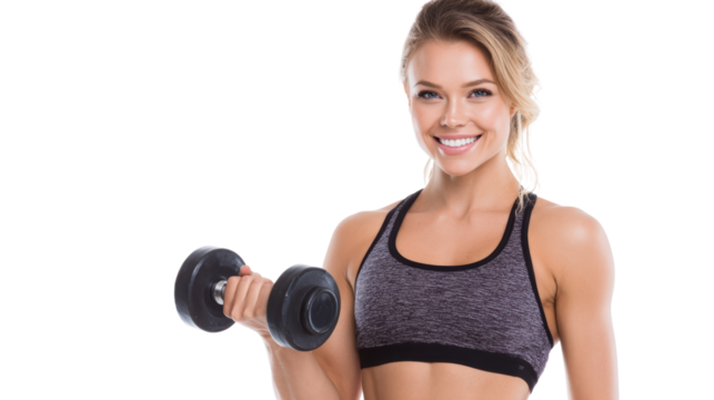 Smiling woman in athletic wear holding a dumbbell against a white isolate background. - Powered by Adobe
