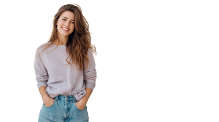 Smiling woman standing confidently with hands in pockets, casual attire, white isolated background.