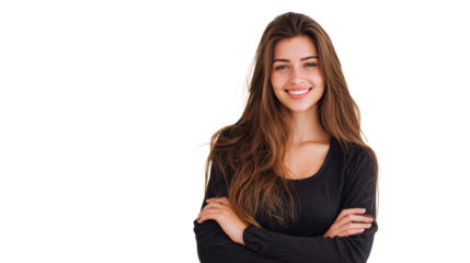 Smiling woman with long hair, arms crossed, looking friendly, isolated on white background.
