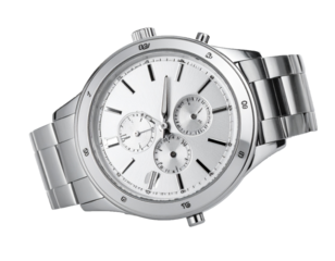 Minimalist Silver Wristwatch with Metal Bracelet Isolated on White Background