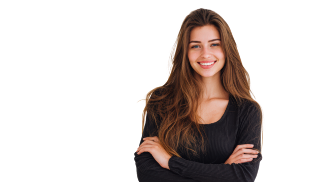 Smiling woman with long hair, arms crossed, looking friendly, isolated on white background.
