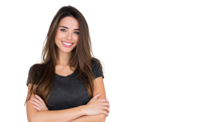 Smiling young woman with long hair, wearing a gray t-shirt, arms crossed, on a white background.