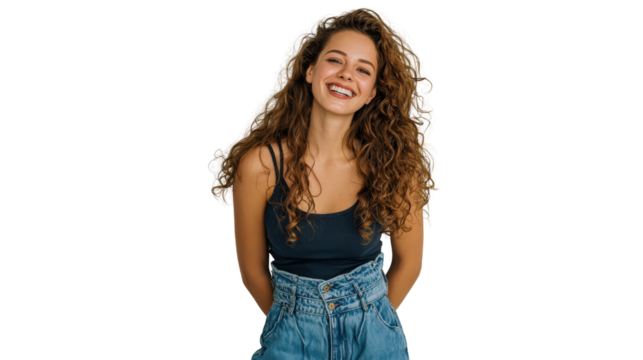 Smiling young woman with curly hair wearing casual outfit, standing confidently against a white background. - Powered by Adobe