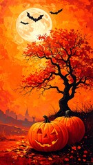 Halloween landscape, vibrant orange and red