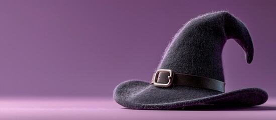 Obraz premium Black witch hat with shiny buckle placed on a flat surface, showcasing its unique design and texture against a soft purple background, perfect for Halloween themes and creative projects