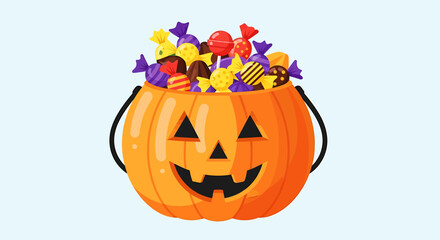 A pumpkin-shaped bucket overflowing with colorful Halloween candies.