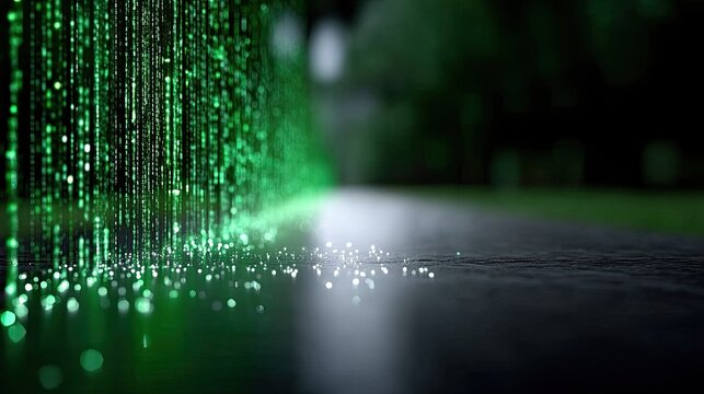 Green Coding Text Matrix Technology Background with Falling Binary Streams and Dark Horizon Cyberpunk Style with Blur and Bokeh
