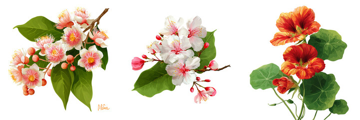 Set of Soft pink cherry blossoms on a slender branch with green leaves on transparent png background. Ai generated