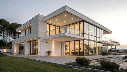 Modern architecture showcasing a two story house with on AI Generated