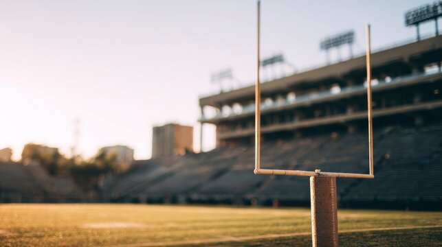 Football goalpost on empty stadium field under dramatic sunset lighting.