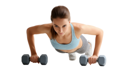 Young woman exercising with dumbbells, focused on strength training in a fitness routine.