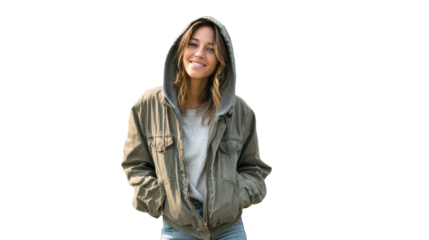Young woman wearing a casual jacket with a hoodie, smiling against a white isolated background.