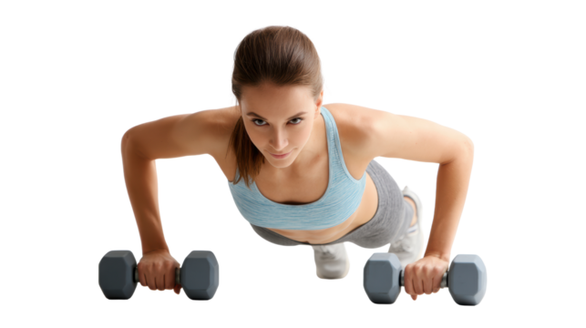 Young woman exercising with dumbbells, focused on strength training in a fitness routine.