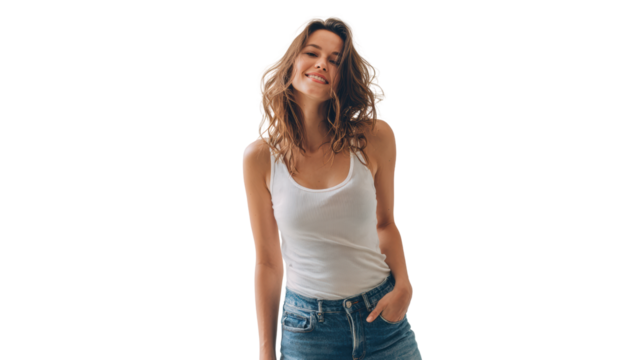 Young woman smiling confidently in casual attire, posing against an isolated background.