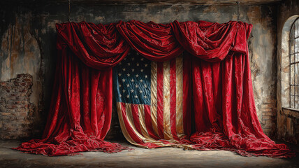 A textured rustic backdrop highlights the symbolic drape of the american flag in patriotic