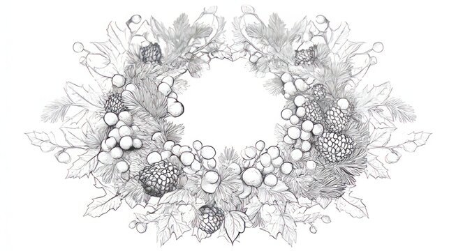 Detailed Christmas wreath line art on white background 169
