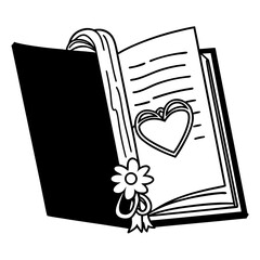An open book with a black cover, a bookmark, a flower and a heart shaped decoration is visible