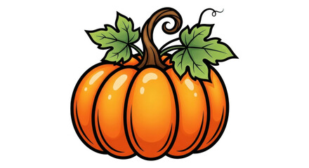 A vibrant cartoon illustration of a bright orange pumpkin with green leaves and a curly stem on a transparent background