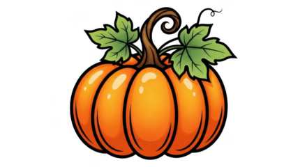 A vibrant cartoon illustration of a bright orange pumpkin with green leaves and a curly stem on a transparent background