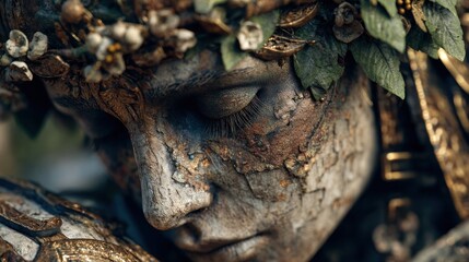 Timeless marble sculpture of a goddess in deep contemplation with floral crown