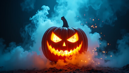 Naklejka premium Jack-o'-lantern glows in ember mist—surreal, sculptural, and pulsing with menace, ritual, and poetic tension. 