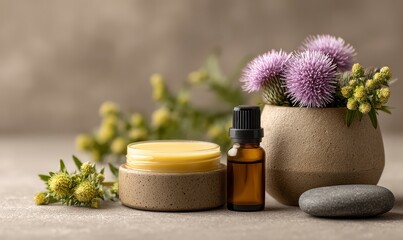 Natural Herbal Skincare Setup with Balm and Oil Surrounded by Flowers