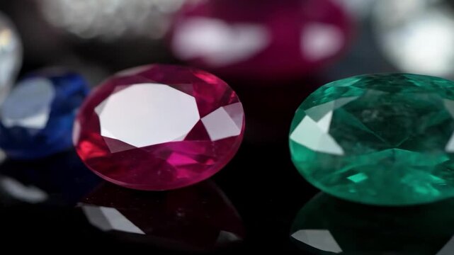 A luxurious collection of faceted precious gemstones, with a brilliant red ruby and green emerald in focus on a dark reflective surface