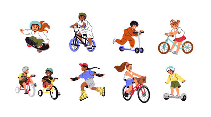 Fototapeta na wymiar Kids riding bikes, scooters, roller skates and skateboards set. Happy children in helmets are cycling. Cute little rider with bicycles, boards. Flat isolated vector illustration on white background.