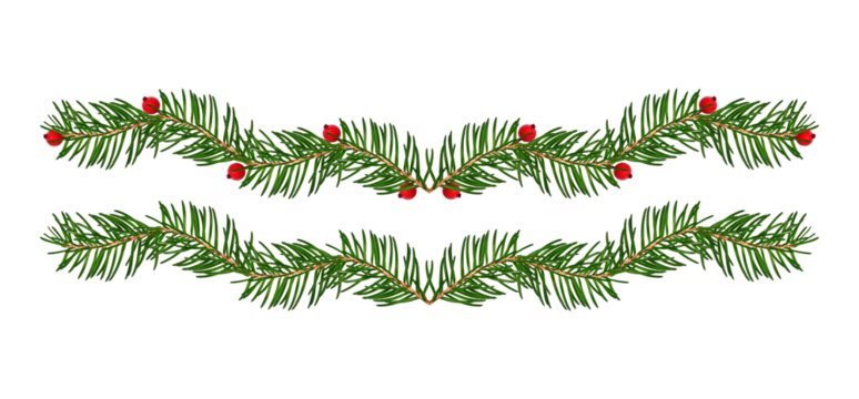Christmas garlands with fir branches and red berries isolated on white background. Festive decoration element for holiday cards, invitations, banners, and design projects.