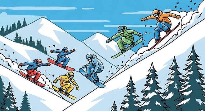 Snowboarders Jump Mountain.