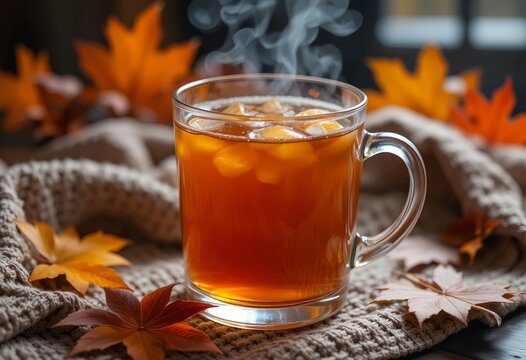 Hot Toddy served in transparent glass cup, golden liquid glowing, steam rising, cozy knit fabric and autumn leaves in background.
