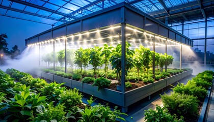 Green Plants Growing Inside a Greenhouse with Lights and Mist