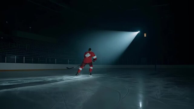 A lone hockey player in a red jersey with a maple leaf stands on the ice of a dark arena, illuminated by a single spotlight, embodying determination, national pride, and professional sports