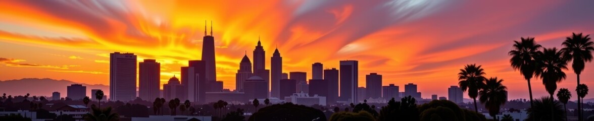 Obraz premium Golden hour sunlight bathes the Downtown Los Angeles skyline, tall buildings silhouetted against a vibrant sunset sky, punctuated by iconic palm trees, buildings, urban, colors