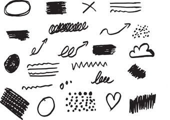 Hand drawn doodle sketch lines arrows symbols abstract marker brush shapes isolated on white background
