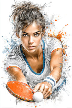 Woman table tennis player serving ball in action artwork