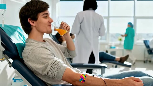 A young male volunteer smiles while drinking juice after giving blood at a modern donation center, with medical staff in the background, illustrating altruism and public healthcare