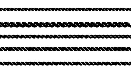 Seamless black rope set isolated on transparent background, showcasing various thicknesses and textures, ideal for nautical, decorative, and design element