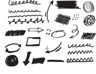 Hand drawn doodle sketch arrows lines shapes abstract marker elements isolated