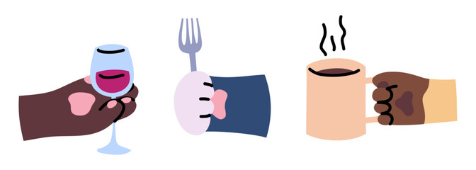 Cartoon Color Cat Paws Holding Different Items Glass Wine, Fork and Mug Set Concept Flat Design Style. Vector illustration