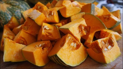Fresh orange long pumpkin cut into pieces, showing vibrant color and healthy texture, seasonal vegetable concept highlighting natural food, organic nutrition and autumn harvest background.