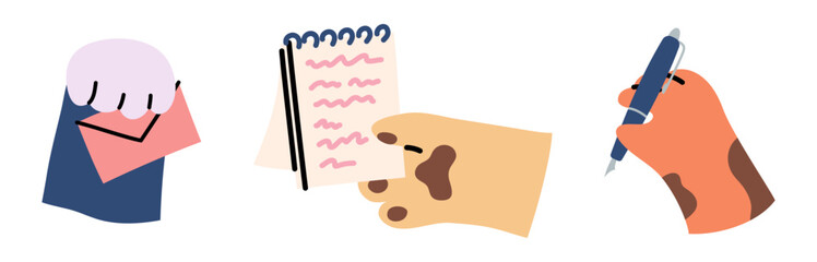 Cartoon Color Cat Paws Holding Different Object Letter, Notebook and Pen Set Concept Flat Design Style. Vector illustration