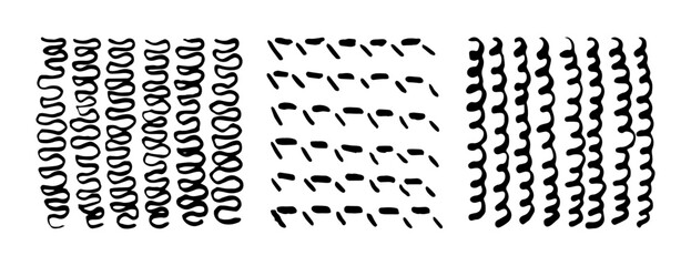 Paint Brush Marker Ink Strokes Textures Set and Curly Pattern. Vector illustration of Hand Drawn Pencil Sketch Elements