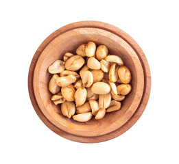 flat lay of peanuts in a wooden bowl isolated on hite background