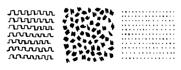 Paint Brush Marker Ink Strokes Textures Set and Dot Pattern. Vector illustration of Hand Drawn Pencil Sketch Elements