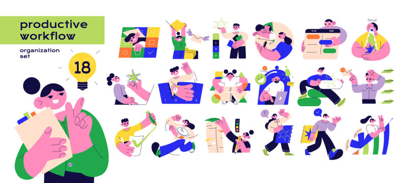 Productive workflow organization concept set. Time management for efficient work and business processes. Employees are planning development. Flat isolated vector illustrations on white background.