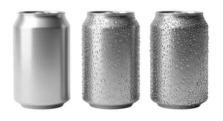 Three aluminum beverage cans arranged on a transparent background, one clean and two covered in condensation droplets