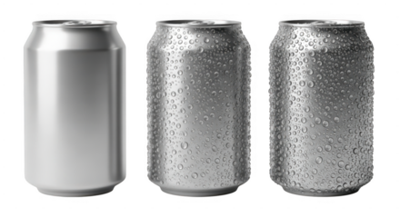 Three aluminum beverage cans arranged on a transparent background, one clean and two covered in condensation droplets