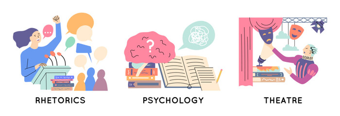 Cartoon Color Education Course Concept Rhetoric, Psychology and Theatre Subjects Set Flat Design Style. Vector illustration