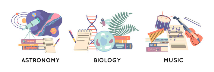Cartoon Color Education Course Concept Astronomy, Biology and Music Subjects Set Flat Design Style. Vector illustration